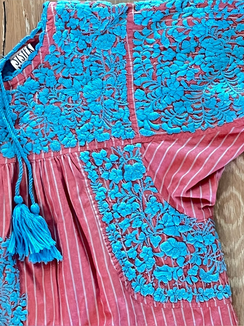 Sister Mary Embroidered Boho Top Pink Blue Striped Tassel Size M - Picture 4 of 8